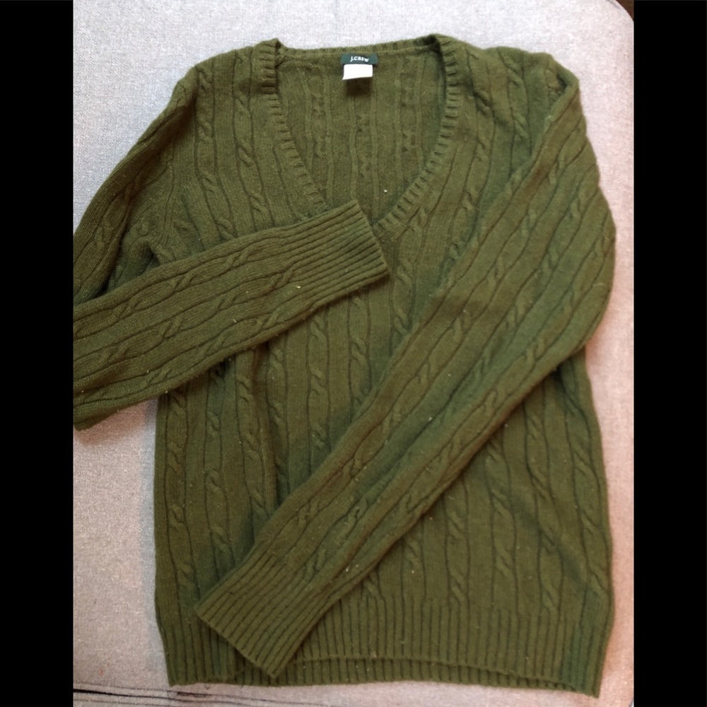 JCrew OLIVE Cable V-neck Sweater merino+cashmere M